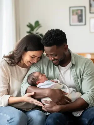 Parents with newborn baby, representing new parental leave benefits.