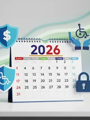 Calendar showing 2026 with financial protection and disability support symbols