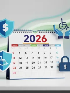 Calendar showing 2026 with financial protection and disability support symbols