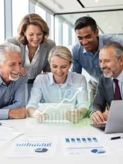 Group of diverse individuals discussing retirement planning documents on a tablet.