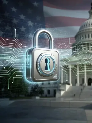 Digital lock icon symbolizing federal cybersecurity mandates and data protection for US businesses.