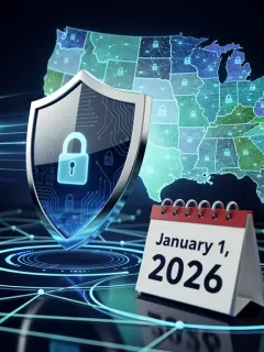Illustration of secure data privacy regulations for US citizens effective January 2026, with a digital shield.