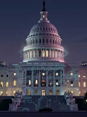US Capitol with digital circuits symbolizing AI regulation debates.