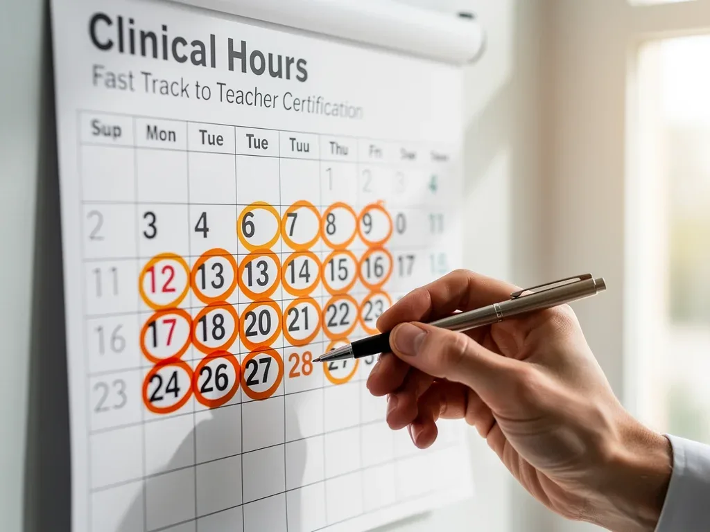 Calendar highlighting a short timeframe for completing clinical hours in an accelerated teacher certification program.