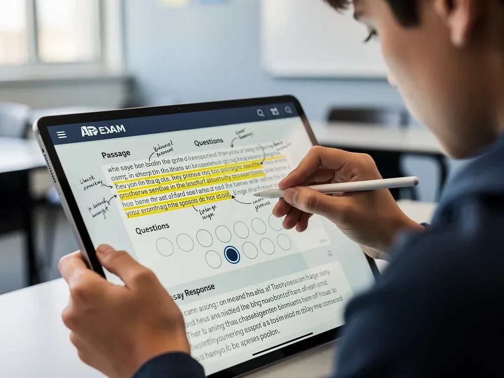 Student actively using digital AP exam tools on tablet