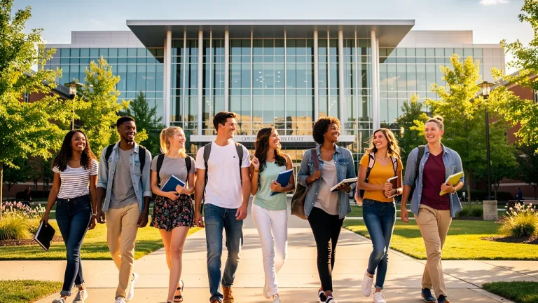 Students confidently approaching a university campus, representing direct admissions success.