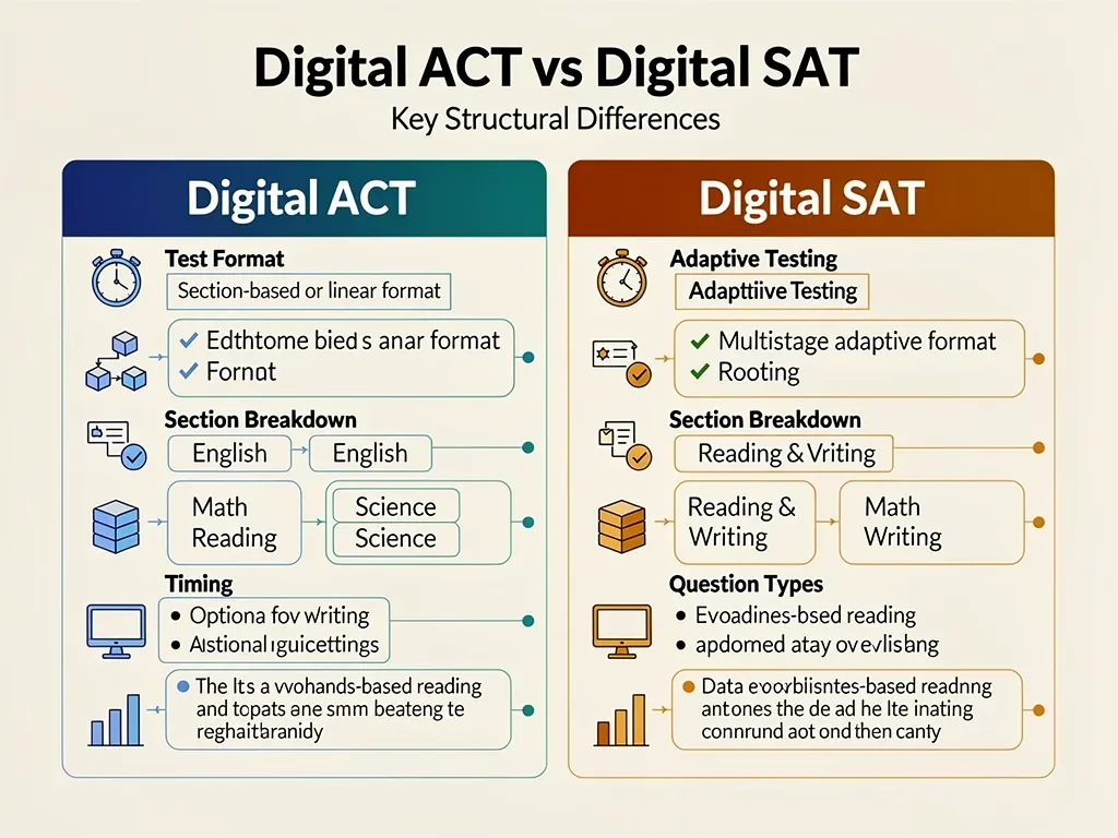 Infographic comparing Digital ACT and Digital SAT exam structures