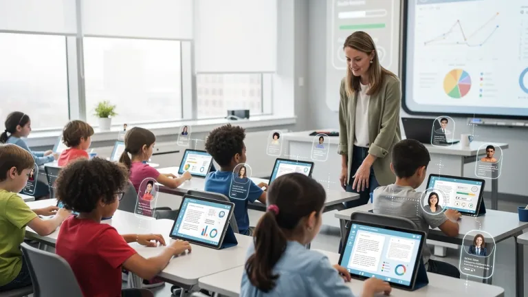 Students using AI literacy tools in a modern K-12 classroom, demonstrating future education standards.