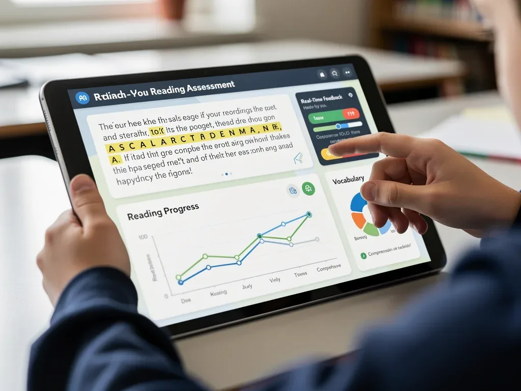 AI-powered reading assessment interface showing real-time student progress.