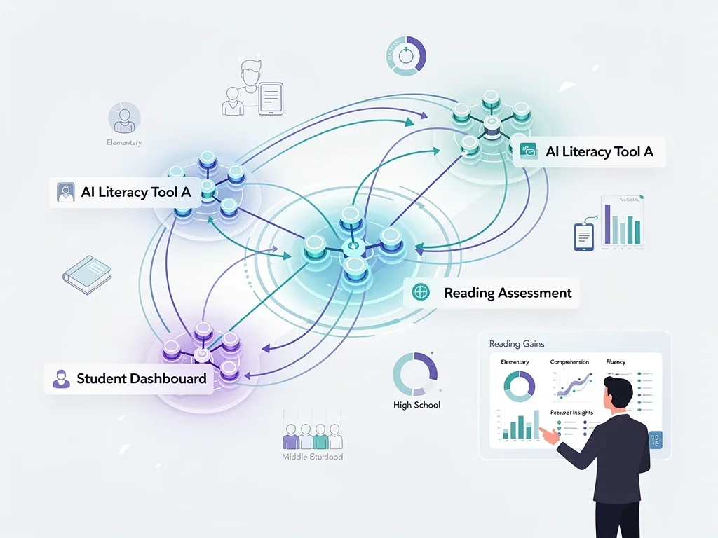 Data visualization showing interconnected AI literacy tools measuring reading gains.