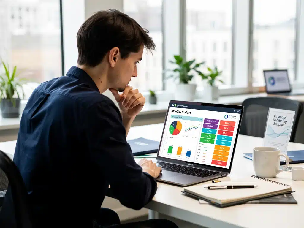 Employee utilizing financial planning software provided as a benefit.