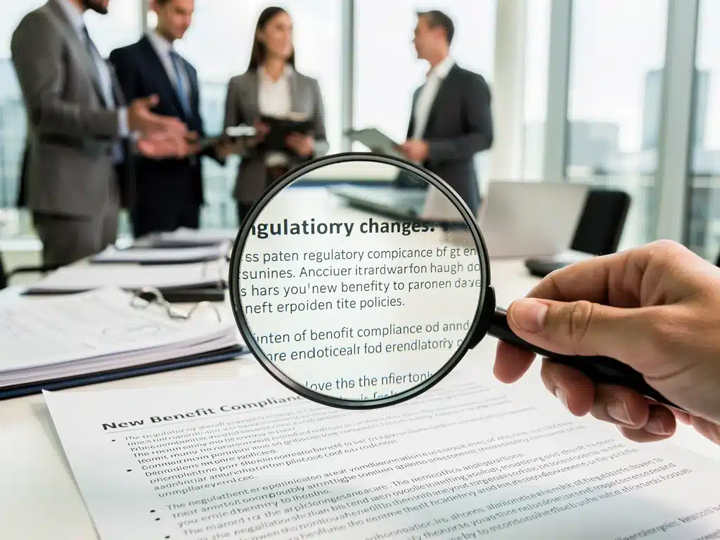 HR professional reviewing regulatory changes for 2026 employer benefits with a magnifying glass.