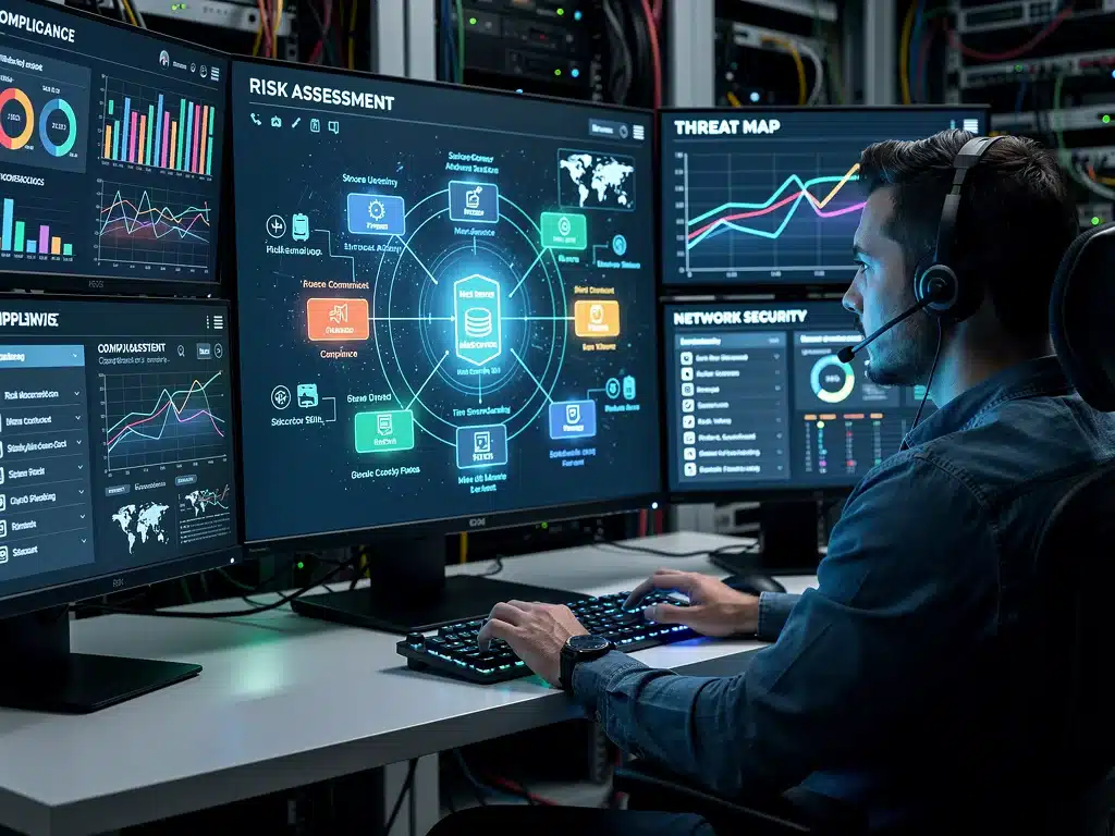 Cybersecurity professional analyzing compliance requirements for federal mandates.