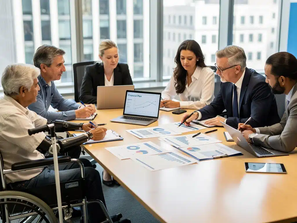 Diverse group consulting financial advisor about disability insurance
