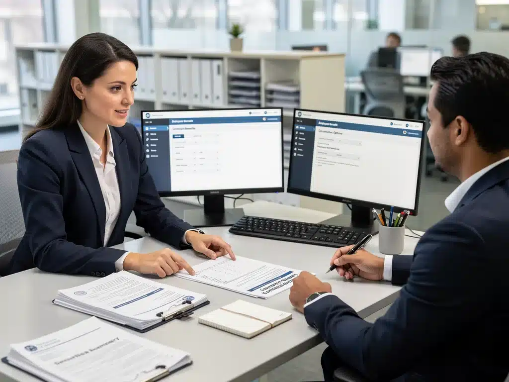 HR representative explaining 2026 commuter benefits enrollment to an employee
