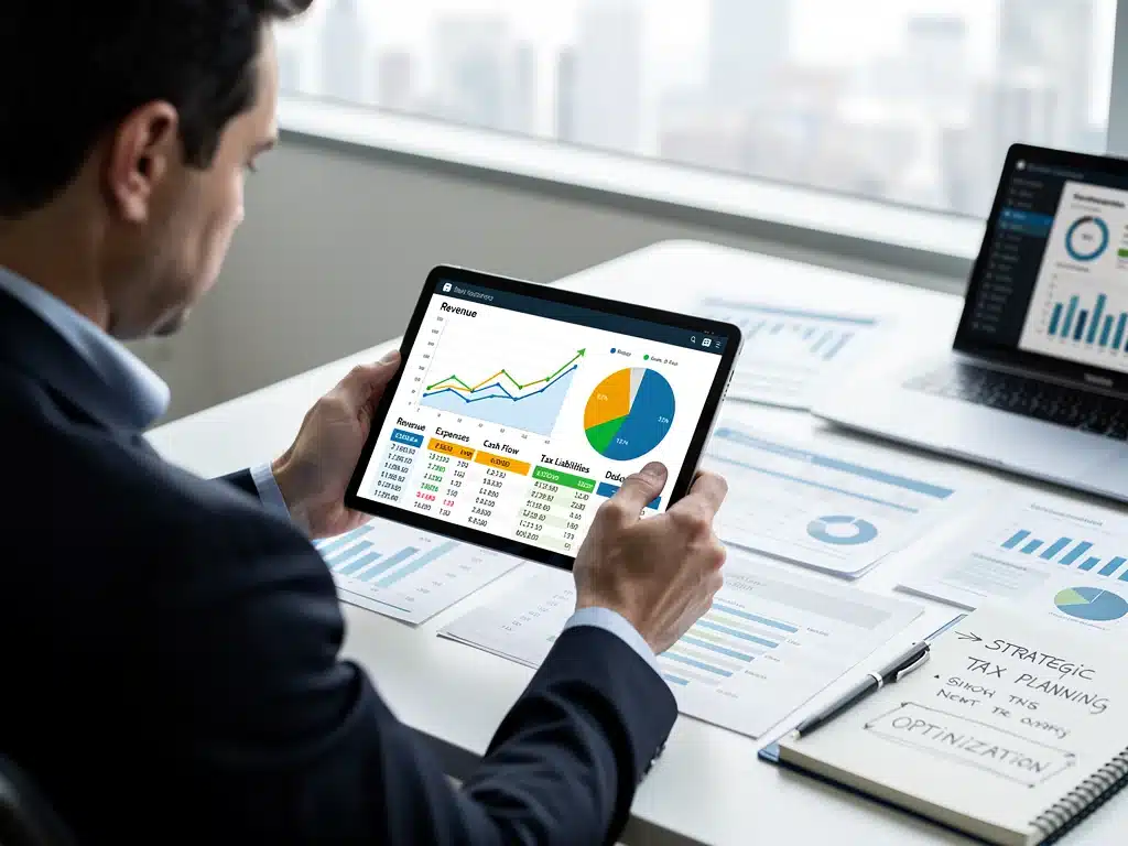 Person analyzing financial statements for strategic tax planning.