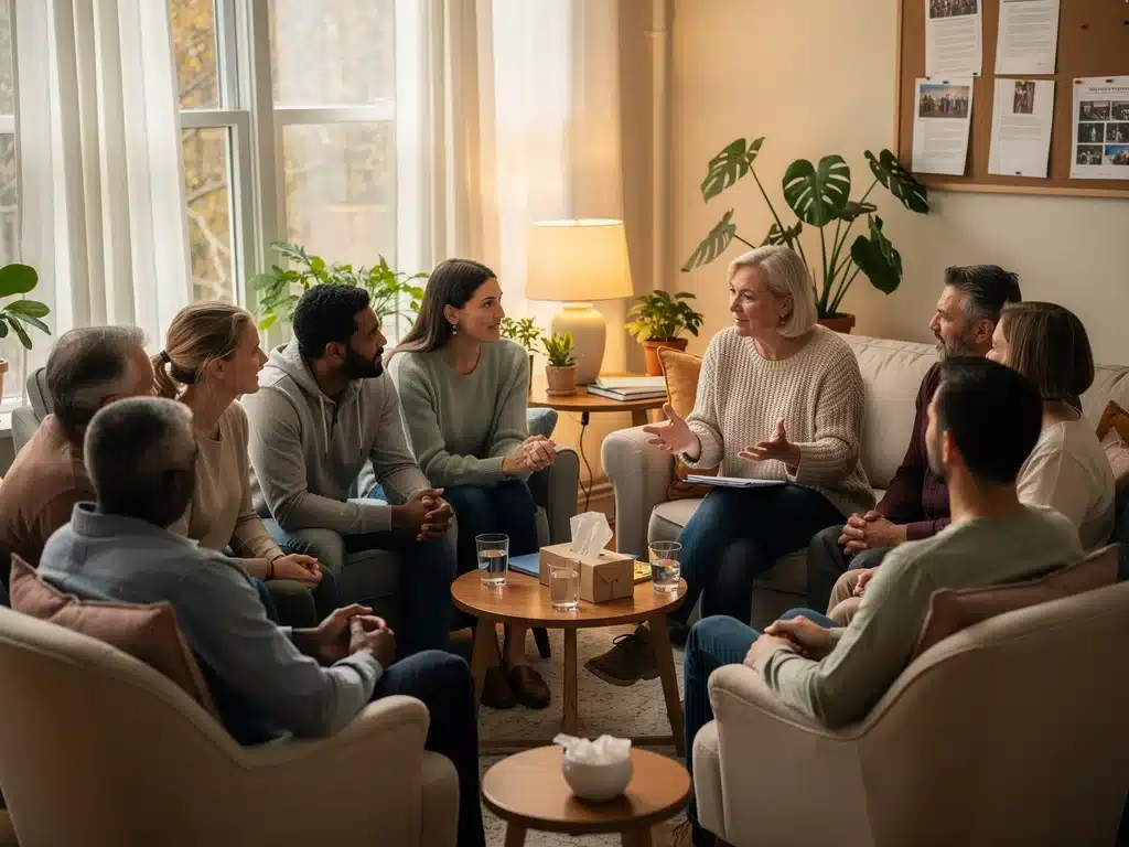 Group therapy session promoting mental well-being and support.