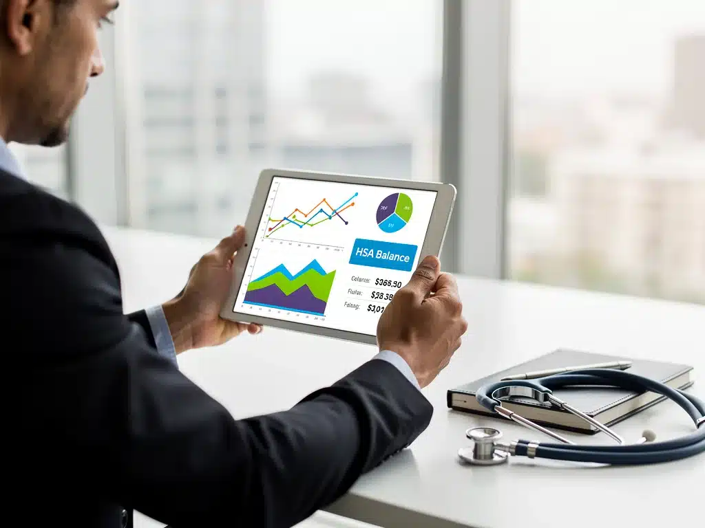 Individual reviewing HSA financial data on a tablet, symbolizing smart healthcare financial planning.