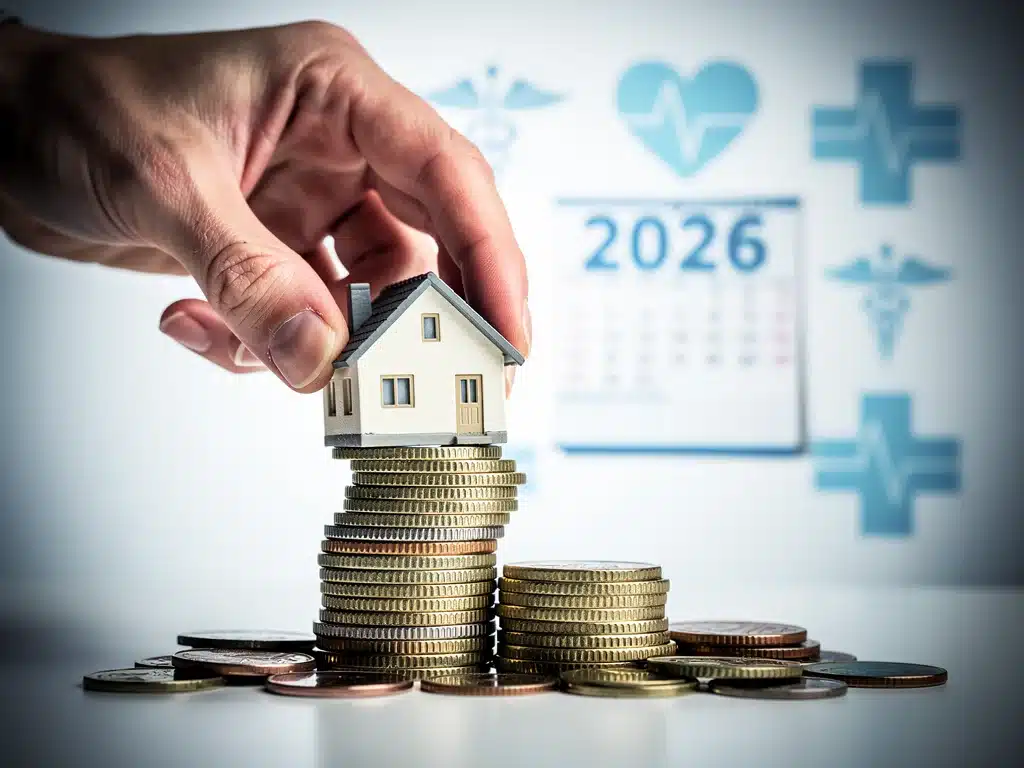 Hand placing house on coin stack, symbolizing long-term HSA investment for future security.