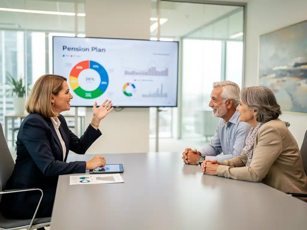 Financial advisor explains pension plan details to a couple.