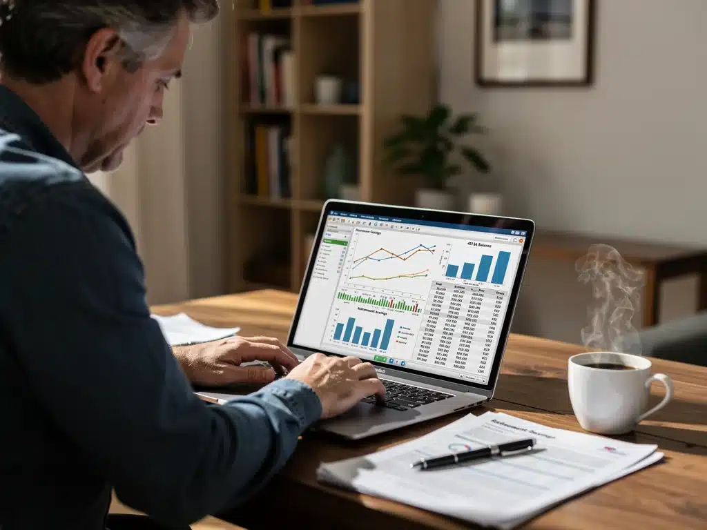 Individual reviewing retirement savings and financial statements on a laptop.