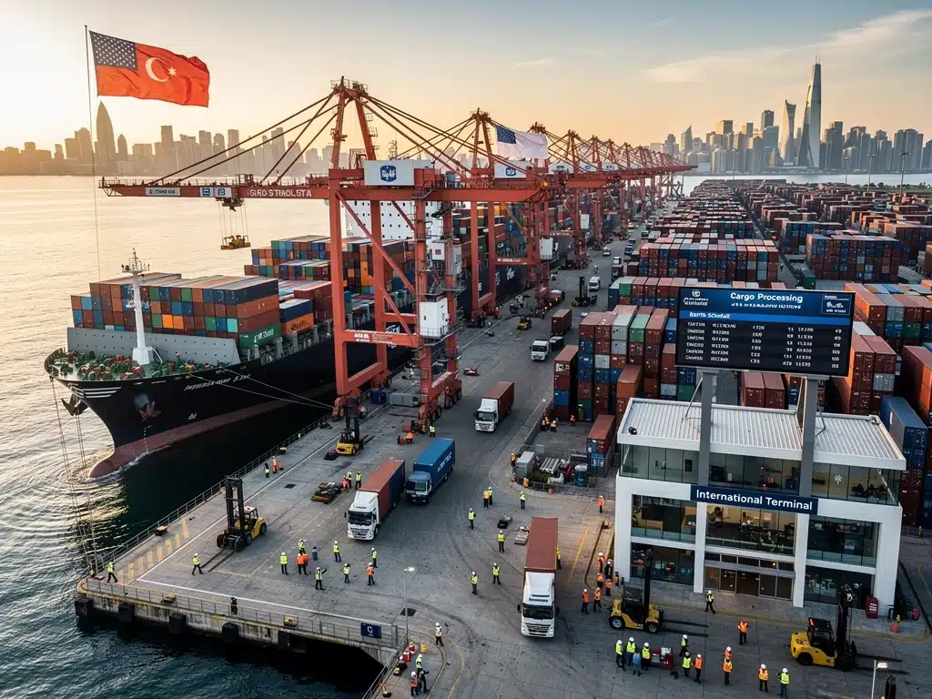 Busy port operations symbolizing increased trade volume and logistics from the US Asia Trade Deal.