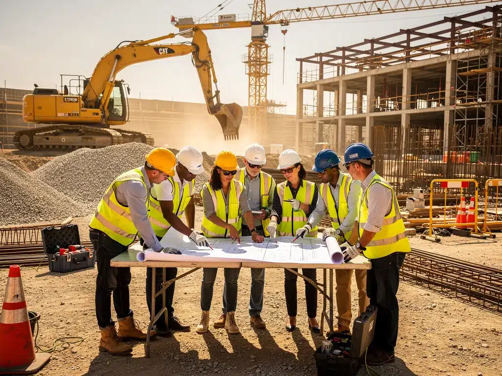 Construction workers reviewing blueprints on a major infrastructure project site.