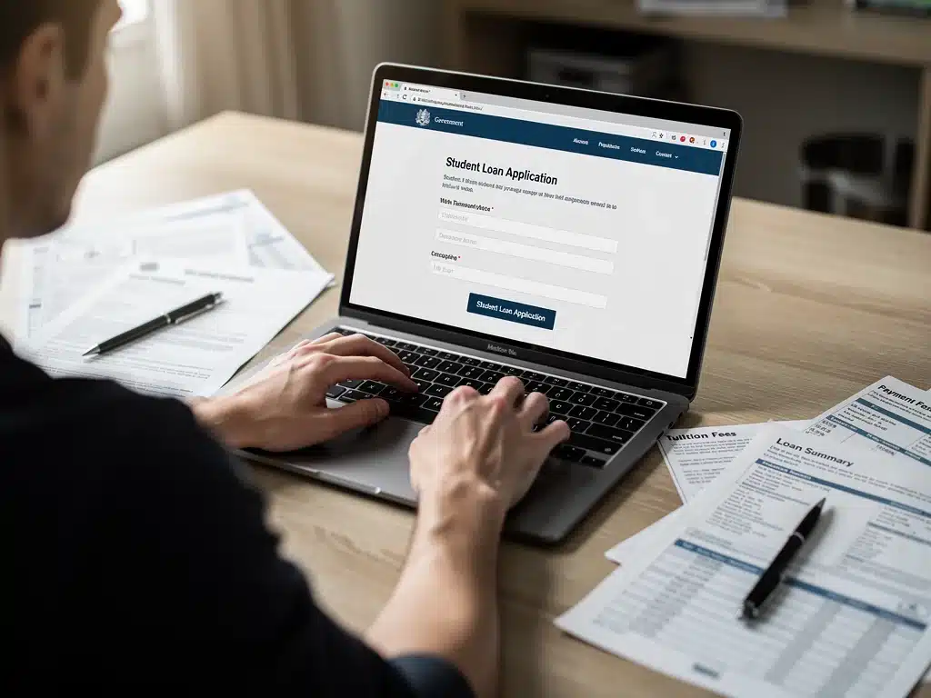 Person completing online federal student loan forgiveness application