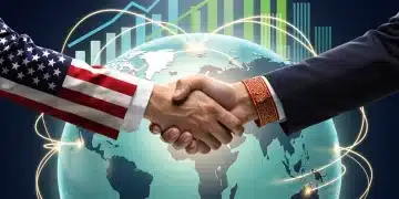 US and Asian diplomats shaking hands over a trade agreement document, symbolizing a new bilateral deal. US-Asia Trade Deal