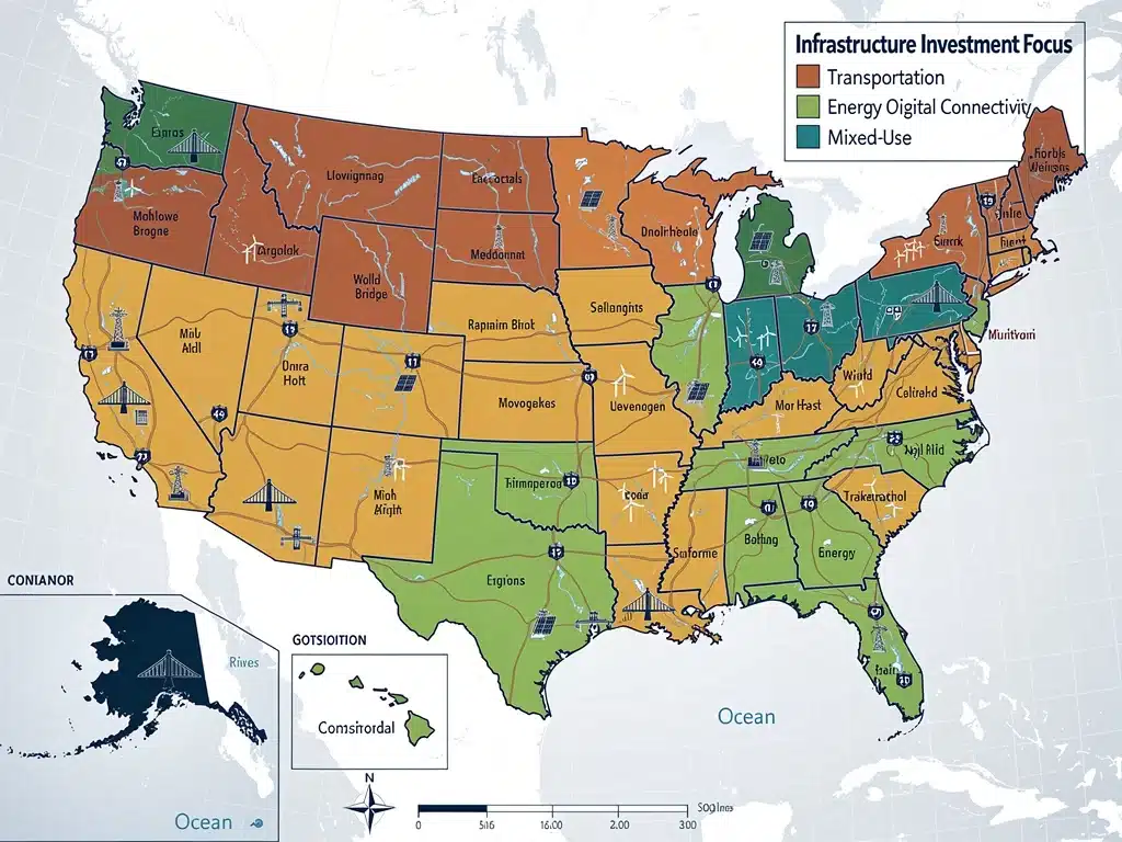Map of the United States highlighting regions and types of infrastructure investment projects.