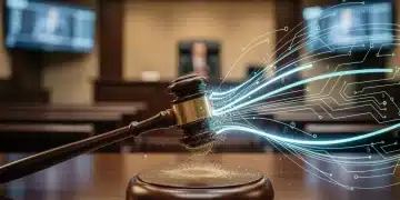 Gavel on judicial bench with digital lines, symbolizing Supreme Court digital rights ruling.