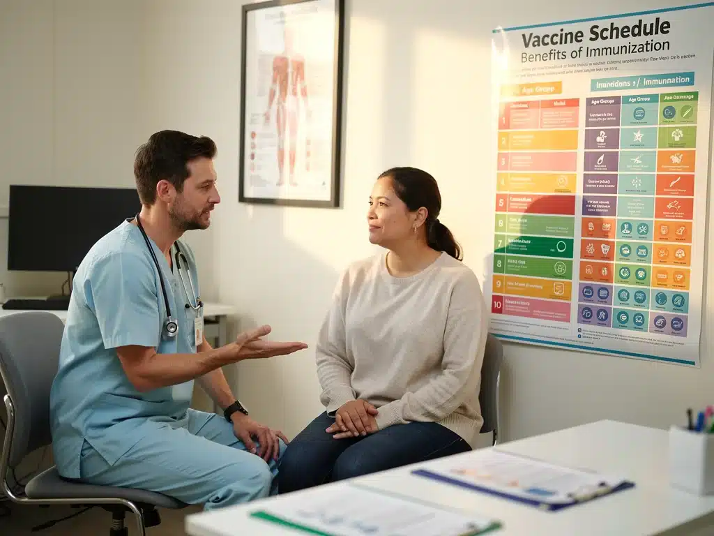 Healthcare professional explaining vaccine recommendations to a patient for seasonal virus prevention.